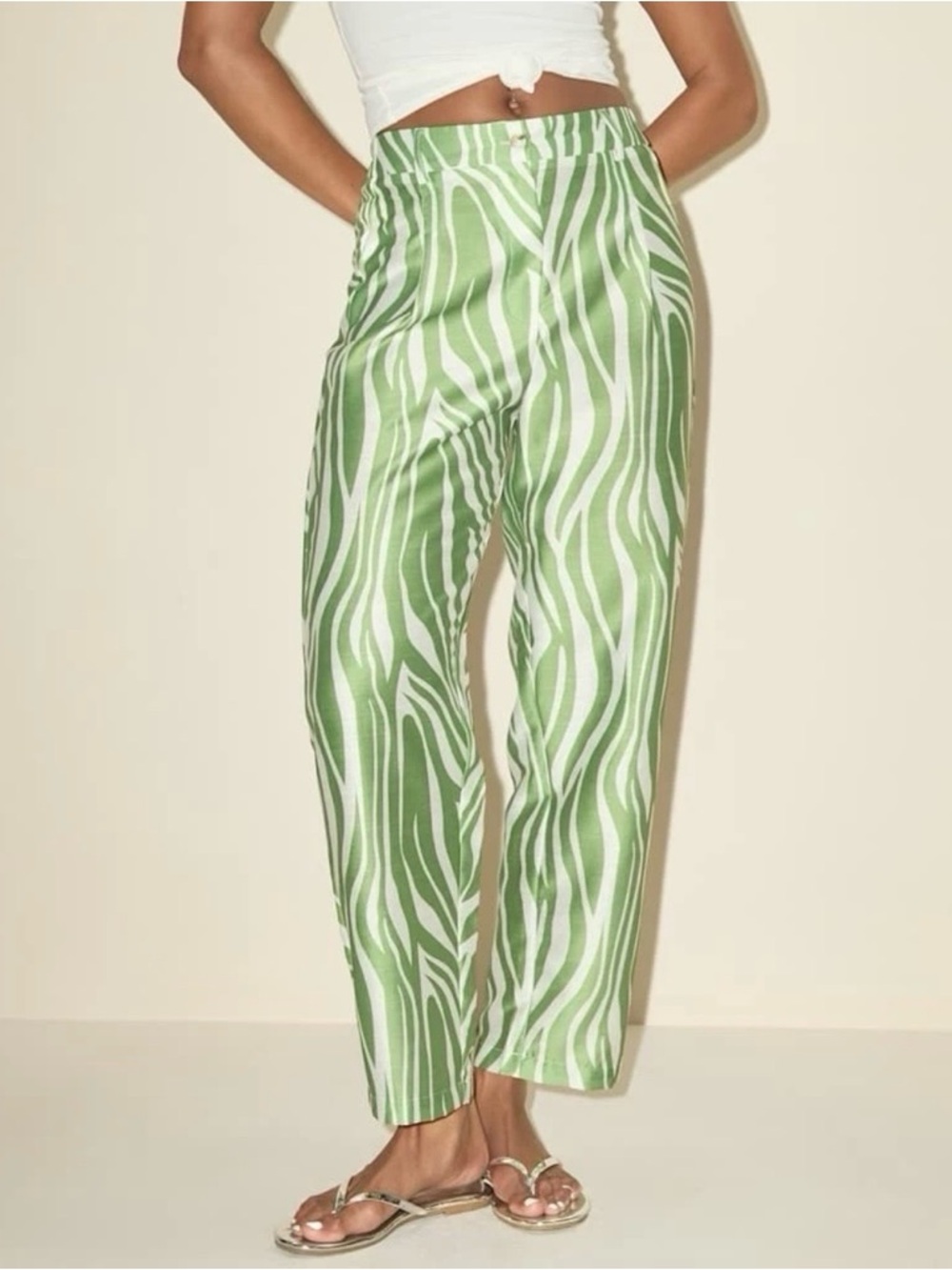 Lulus Green Zebra Print Pants High Rise Tapered Resort Vacation NWT Size XS